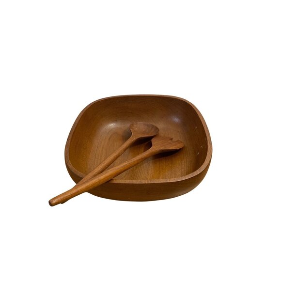 Vtg Wooden Salad Bowl & Serving Utensils Set Side Dishes Sturdy Well Made 11" - Picture 1 of 7
